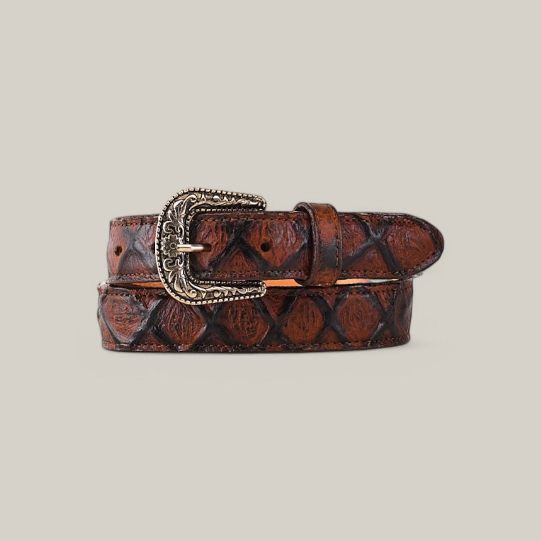 The Pirarucu Print Brown Belt for kids, featuring a Texas Buckle, is crafted from high-quality materials with a textured diamond pattern on a neutral backdrop.