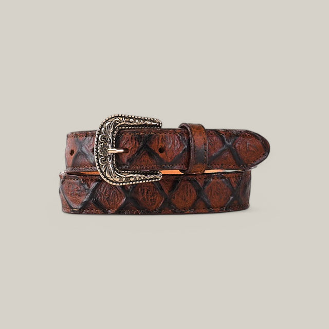 The Pirarucu Print Brown Belt for kids, featuring a Texas Buckle, is crafted from high-quality materials with a textured diamond pattern on a neutral backdrop.