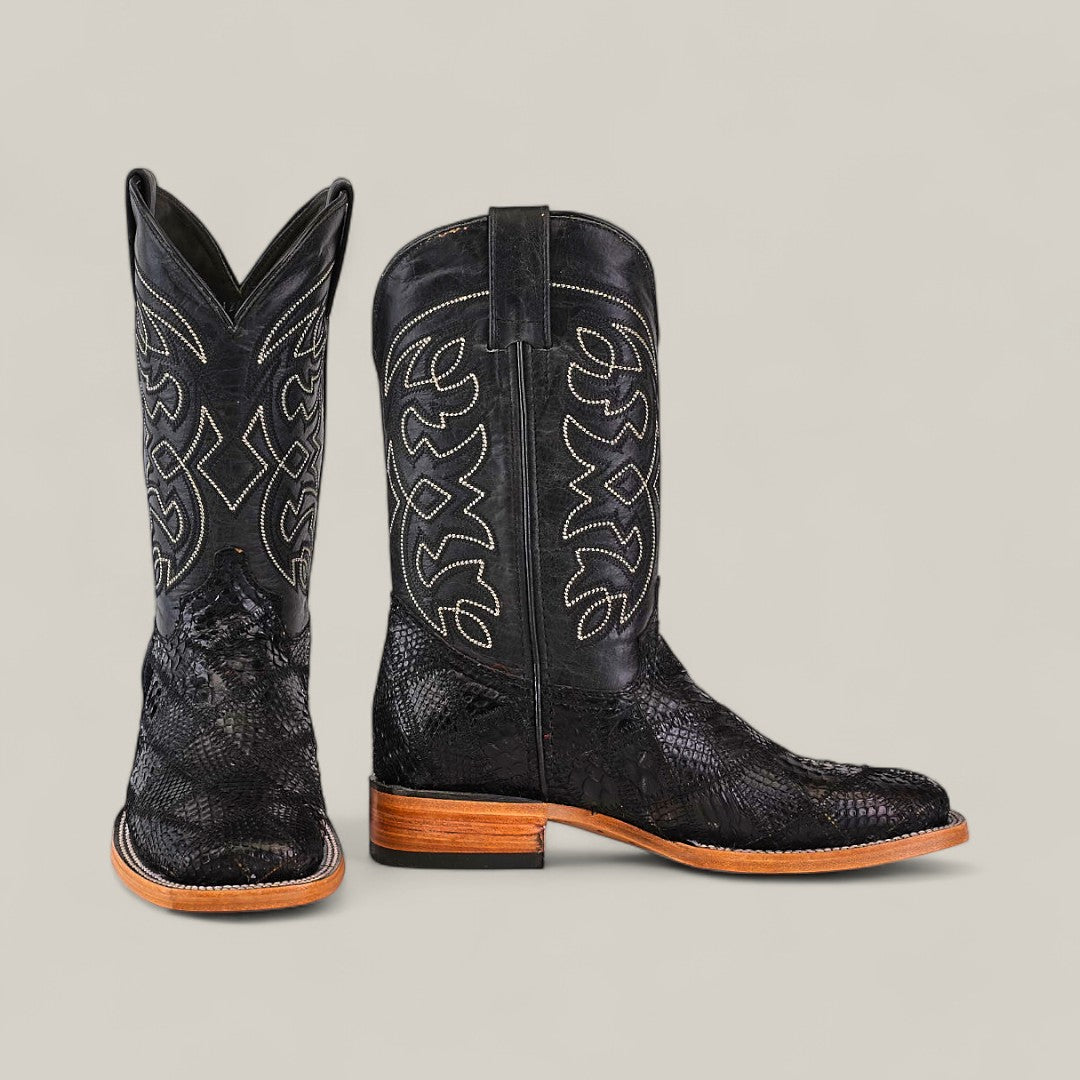 Step up your style with the Exotic Patchwork Python - Black - Square Toe boots, crafted in textured leather with striking white stitching and wooden soles—ideal for elevating any luxury wardrobe.
