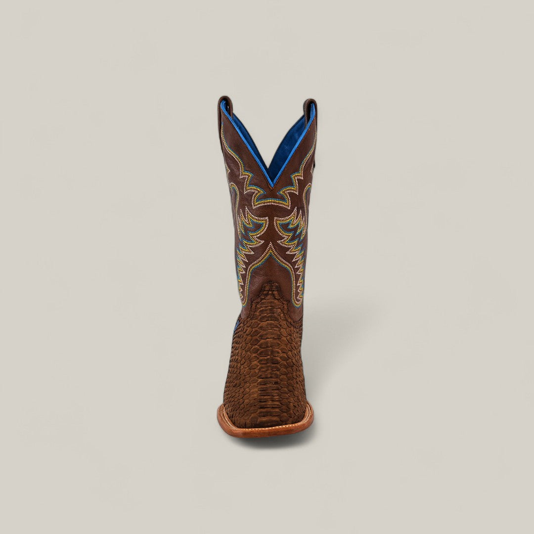 The Exotic Python - Tamarindo - Square Toe cowboy boot is shown upright and facing forward, highlighting its brown color, exotic python-textured lower section, and decorative stitching against a plain light background.