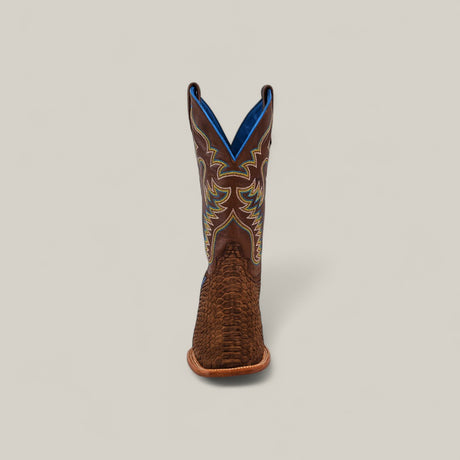 The Exotic Python - Tamarindo - Square Toe cowboy boot is shown upright and facing forward, highlighting its brown color, exotic python-textured lower section, and decorative stitching against a plain light background.