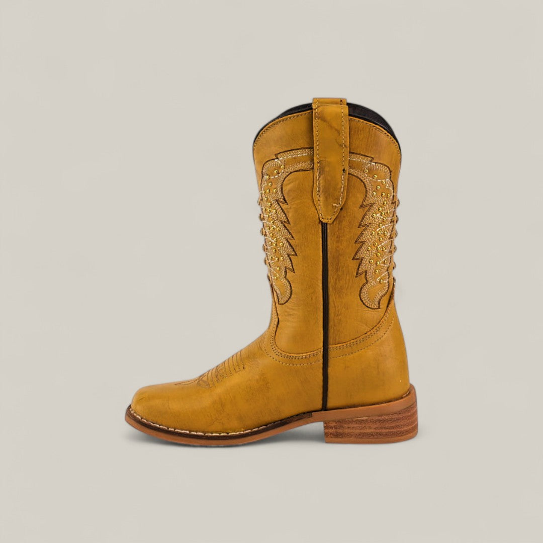 Orion Yellow - Square Toe Kids Boot in tan leather with decorative stitching, pull strap, and wooden heel, shown side view against a plain light background.