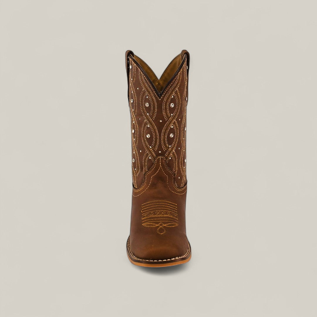 Front view of the Premiere Texas Copper - Square Toe Kids Boot in brown, featuring decorative white stitching and classic Texas style, displayed against a plain light background.