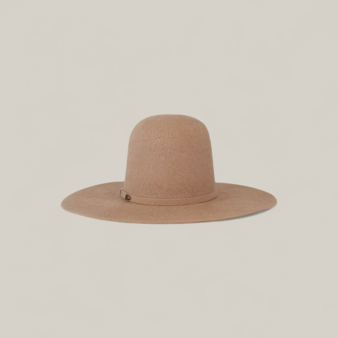 The 25X Grizzly - Belly by TC Hats is a wide-brim, light brown felt hat with an open, rounded crown and a thin band, showcased against a plain background for an understated luxury look.
