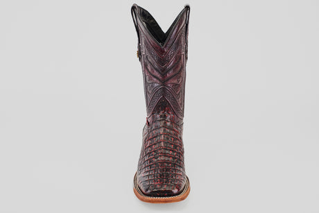 The Exotic Caiman Horn Back - Black Cherry - Square Toe boot features intricate stitching and a textured horn back leather pattern, shown from the front against a plain light background.