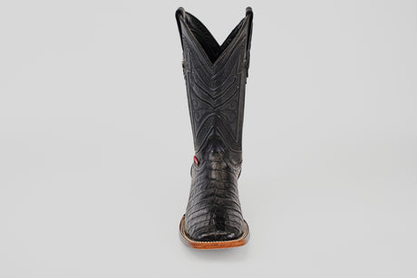 The Exotic Caiman Belly - Black- Square Toe boot, crafted from caiman leather with detailed stitching and a textured pattern, is displayed from the front against a plain light gray background.