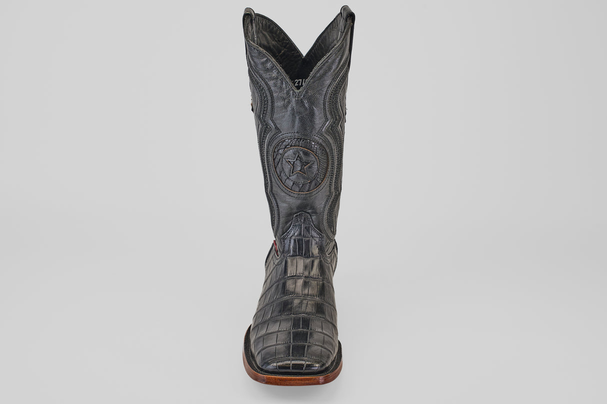 The Exotic Alligator Tail - Black - Square Toe boot features textured genuine alligator leather, a star emblem on the shaft, and a square toe, shown upright against a plain light background.