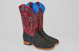 The Dodge - Matte Black - Square Toe boots feature red and blue decorative uppers, textured black Pirarucu leather feet, wooden heels, and light blue stitching accents, displayed against a plain gray background.