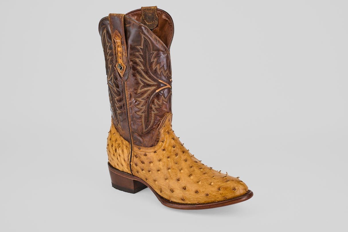 The Exotic Full Quilt Ostrich - Paja - Round Toe is a cowboy boot with a brown stitched leather upper, tan ostrich lower with raised quill bumps, and a low wooden heel, shown against a plain light gray background.