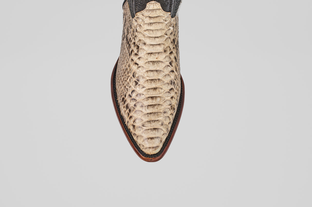 A top view of the Tanner - Natural - Snip Toe boot in beige python snakeskin leather with a brown sole, shown against a plain light grey background.