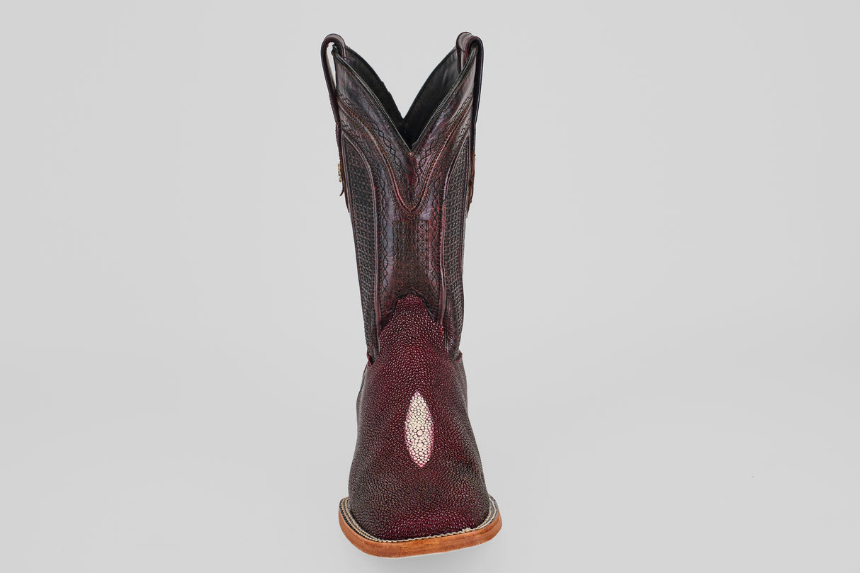 A single Ranger – Wine – Square Toe boot in dark brown with visible stitching, square toe, and light tan sole is shown from the front against a plain light gray background.