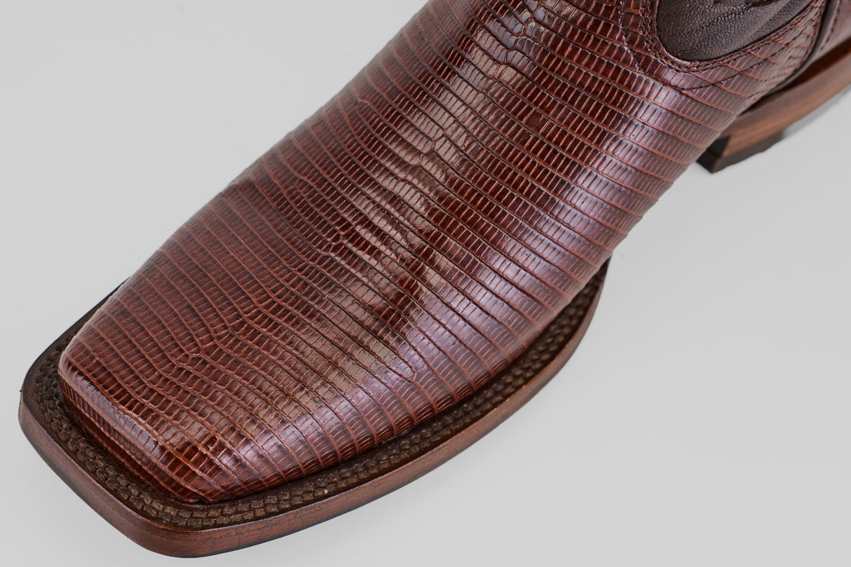 Close-up of the Blaze – Brown – Rodeo Toe shoe, featuring a square toe and textured lizard-skin-like finish for a western look inspired by classic cowboy boots.