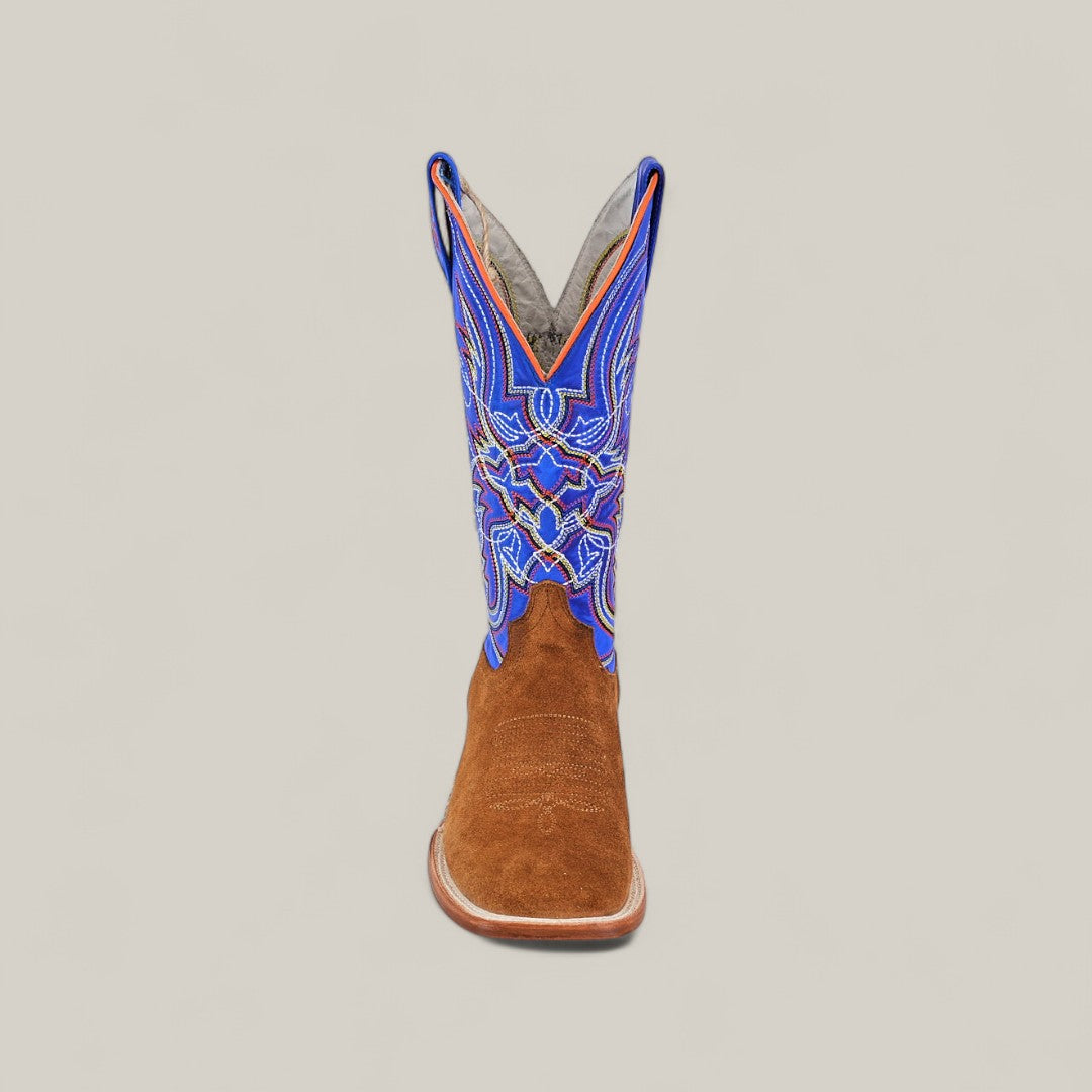 Front view of the Bronson - Gold - Square Toe mens boot, featuring a brown suede foot and tall shaft with blue and orange embroidery. Set against a light background. A standout piece for any square toe boot collection.