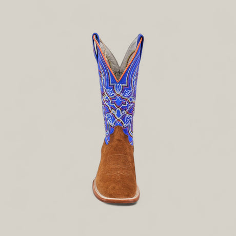 Front view of the Bronson - Gold - Square Toe mens boot, featuring a brown suede foot and tall shaft with blue and orange embroidery. Set against a light background. A standout piece for any square toe boot collection.
