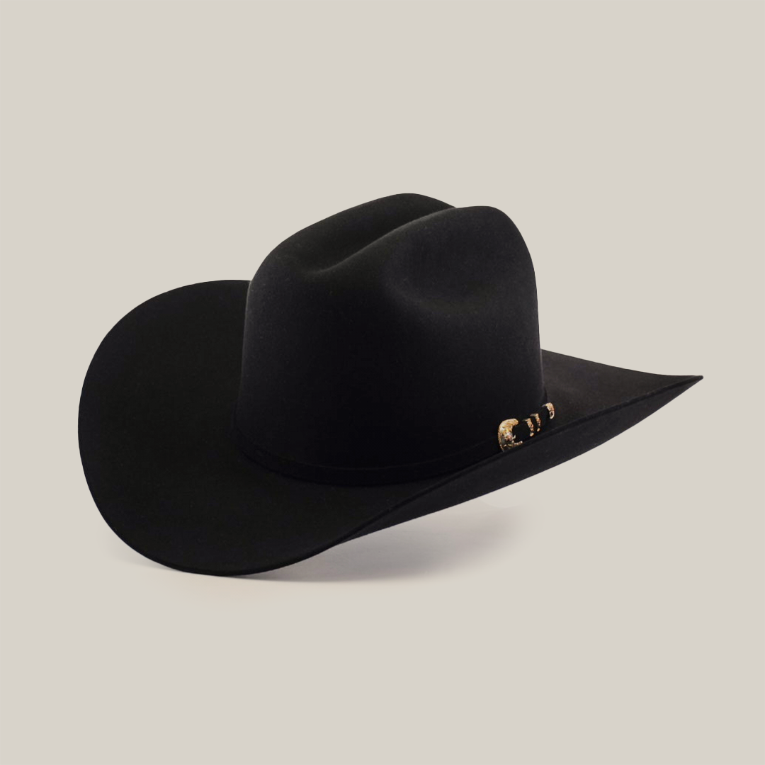 The 500X Superior Black is a premium Western cowboy hat featuring a wide brim and a decorative band with gold accents on one side, stylishly set against a pristine white background.