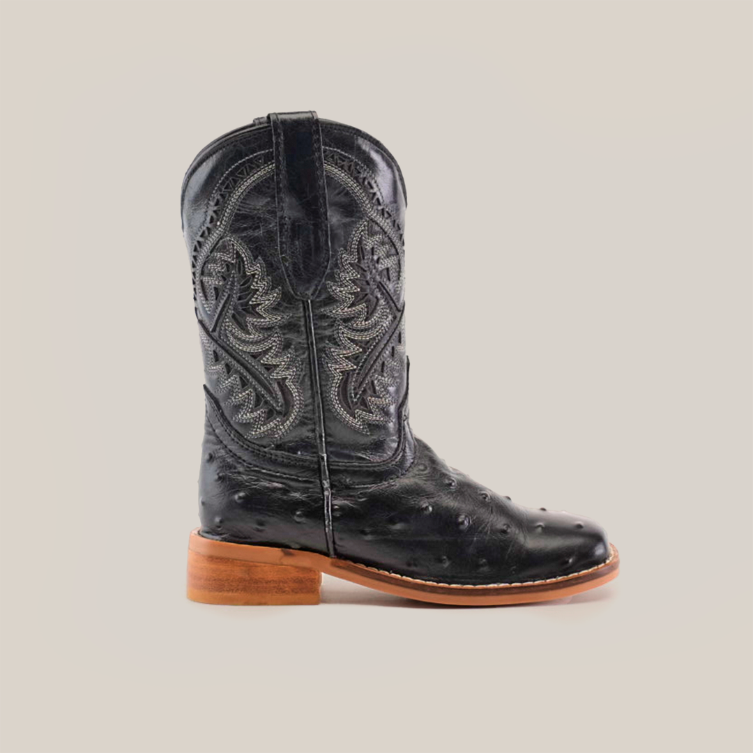 The Karoo Ostrich Print Black Square Toe cowboy boot features premium cowhide leather with intricate western stitching, a textured shaft design, smooth brown wooden sole, and square toe, all showcased on a white background.