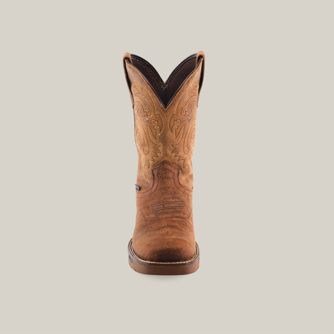Front view of the Tan Brown Rough out boot with intricate stitching, crafted from premium cowhide leather. This waterproof boot features a classic pointed shape, slight heel, and sturdy sole, highlighting its handcrafted excellence against a pristine white background.
