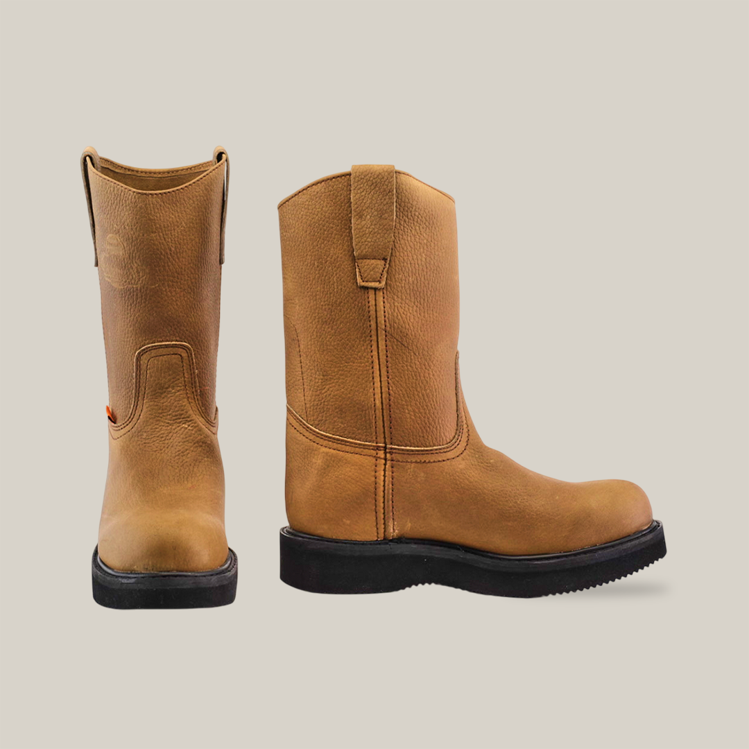 A pair of Tan Roper - Laredo Sole work boots in premium cowhide leather with black soles is displayed, one from the front and another from the side on a white background. They feature pull tabs and a rugged, minimal design suitable for any task.