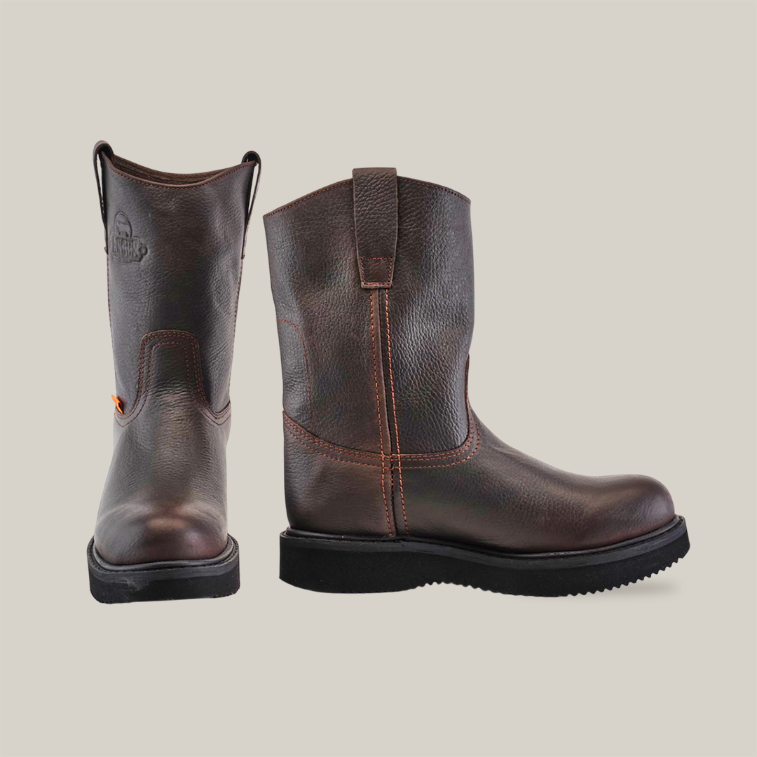 A pair of Brown Roper Laredo Sole - Soft Toe dark brown leather work boots, showcasing exceptional craftsmanship with a textured finish. One boot stands upright and the other is angled to highlight intricate stitching, made from premium cowhide against a plain white backdrop.