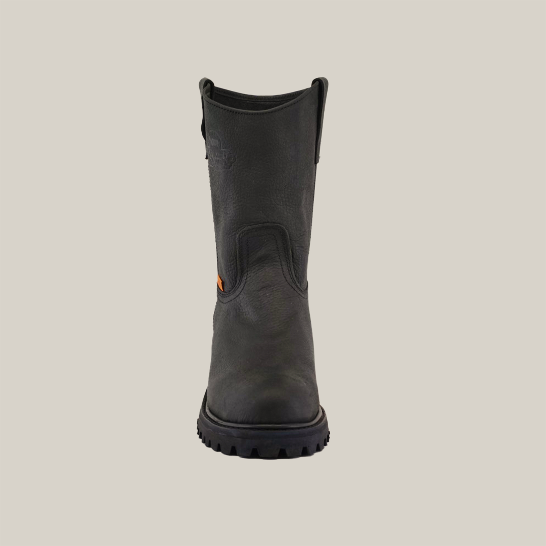 The Black Roper - Tractor Sole - Soft Toe is a black work boot with pull tabs, durable cowhide, and a rugged textured surface. The boot features the sturdy Black Roper Tractor Sole and is displayed against a white background.