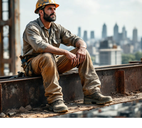 Construction worker in rugged clothing and hard hat sitting on a steel beam, overlooking a city skyline with skyscrapers in the distance, under a cloudy sky.