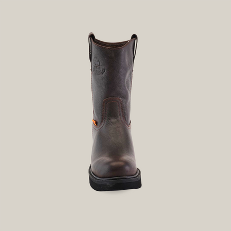 The Brown Roper - Laredo Sole - Composite Toe is a premium cowhide leather work boot with pull tabs on both sides, a black sole, and orange stitching. Its exceptional craftsmanship is showcased against a white background.