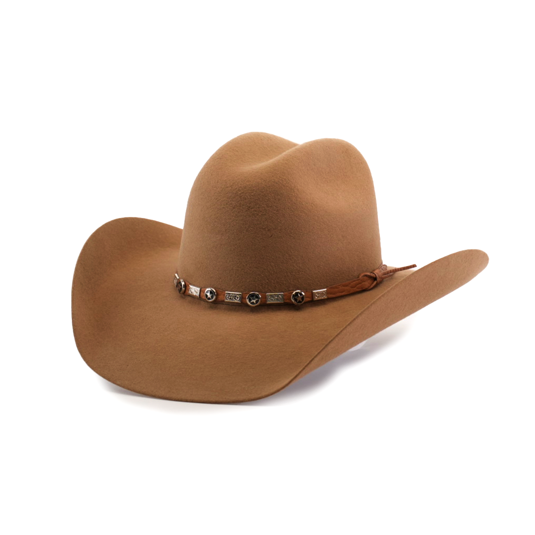 The 6X Chihuahua Fawn is a Western hat made from premium sheep wool, featuring a curved brim and crown crease. Its adorned with a decorative band of small square ornaments and tied brown cord on the side, embodying the perfect blend of style and tradition.