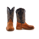 Showcasing a side and front view, the Cater Honey Square Toe boots are handcrafted with brown cowhide leather feet and dark shafts featuring intricate stitching. With rounded toes, stacked heels, and pull straps on the sides, these boots exude classic Western charm.