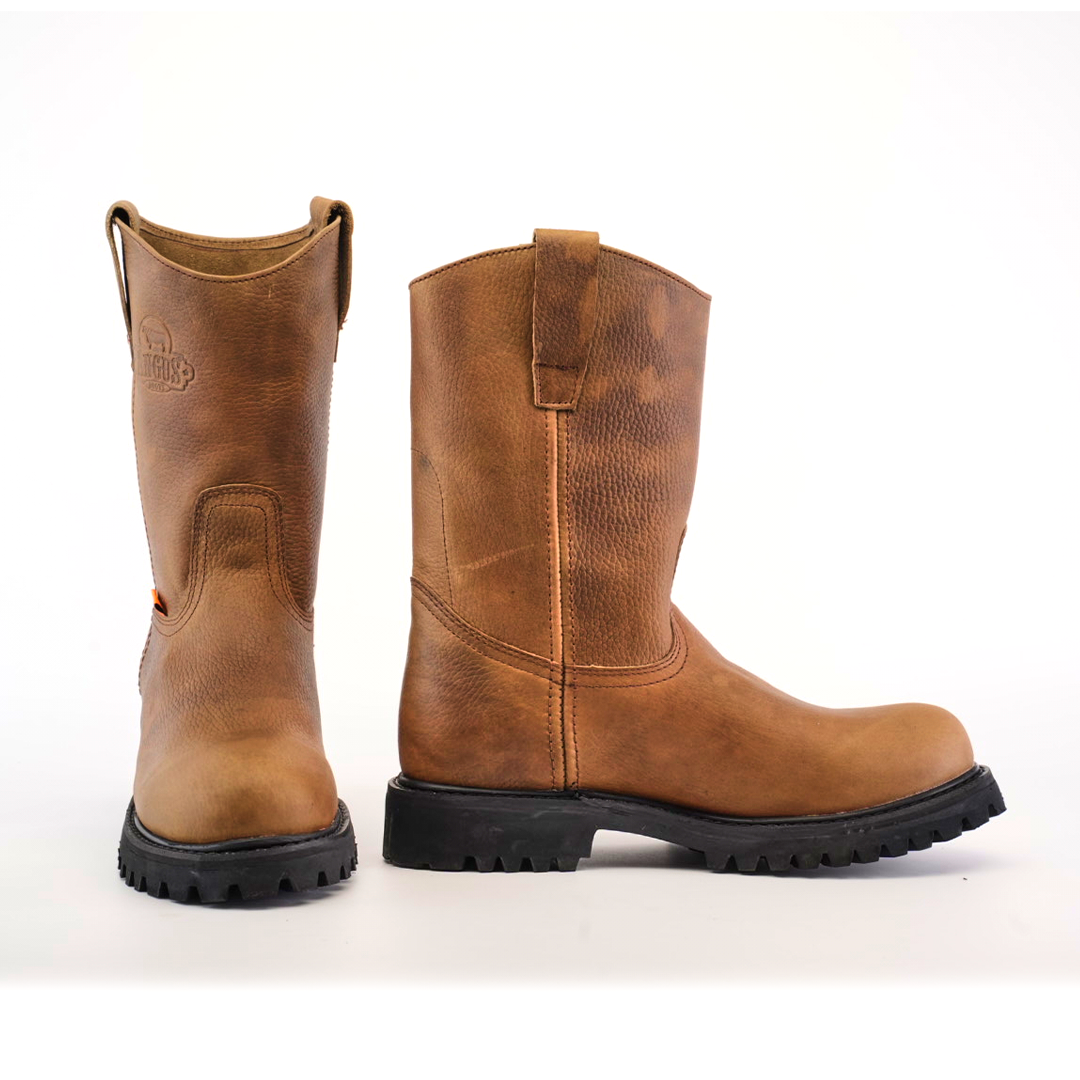 A pair of Tan Roper - Tractor Sole - Soft Toe boots made from premium cowhide leather. The left boot highlights the front and logo, while the right showcases its profile and pull strap against a white background.