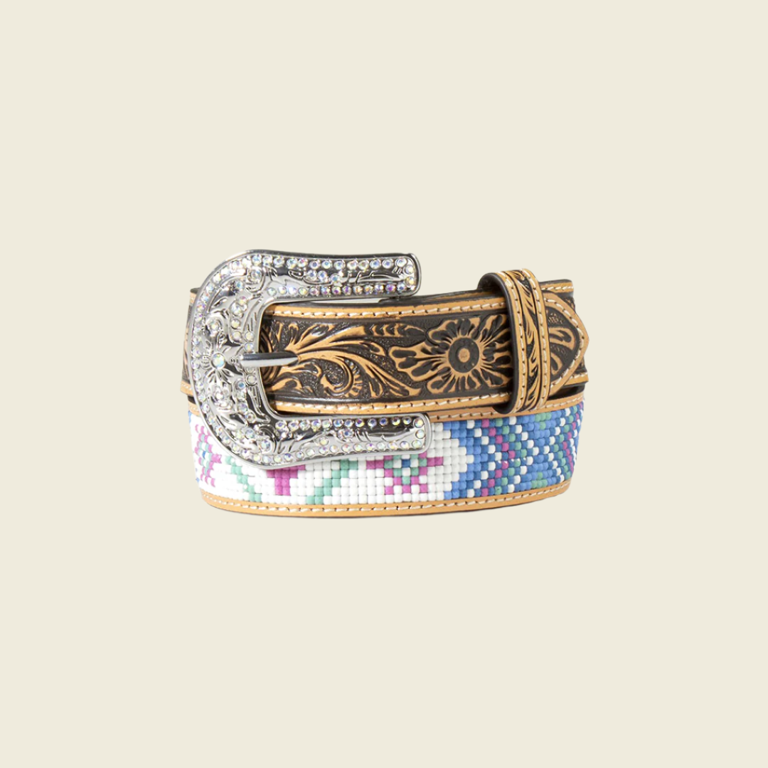 The Angel Ranch Western Girls Belt D130003197 features a silver floral buckle with rhinestones and a leather band adorned with a multicolor beaded geometric pattern, perfect for young cowgirls seeking stylish accessories.