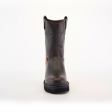 The Brown Roper with Laredo Sole - Soft Toe is a premium cowhide leather boot in dark brown, featuring orange stitching, dual side pull tabs, and a rounded toe on the iconic Black Roper Laredo Sole, all showcased against a plain white background.