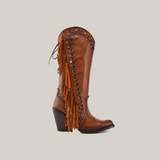 Meet the Praga Fringe Tall Shaft Tan - J Toe cowboy boot, part of our Platinum Collection. Made from premium leather with decorative fringe, studs, and a wedge heel on a plain white backdrop, this boot exudes timeless elegance.