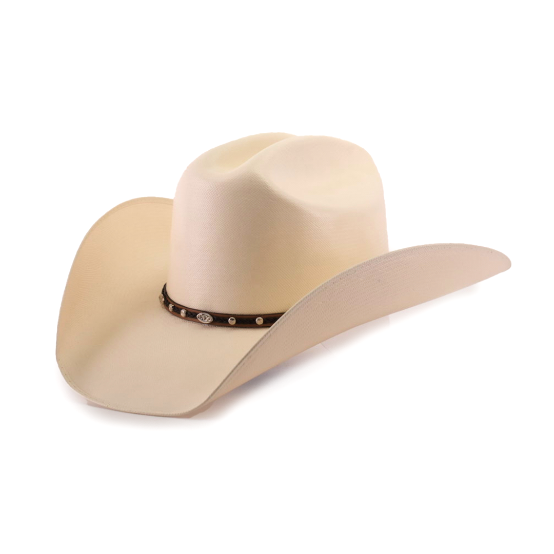 The 1000X Country Straw Hat, shown on a white background, is cream-colored with high-quality materials for exceptional durability. It has a wide brim and a brown band with small decorative elements.