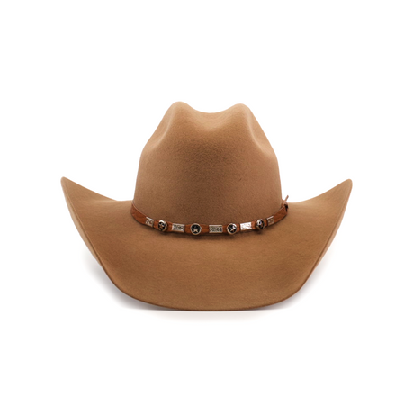 The 6X Chihuahua Fawn is a premium sheep wool cowboy hat with a wide brim and a decorative band with metal embellishments. This Western hat features a classic curved shape, set against a plain white background, exuding authentic charm.