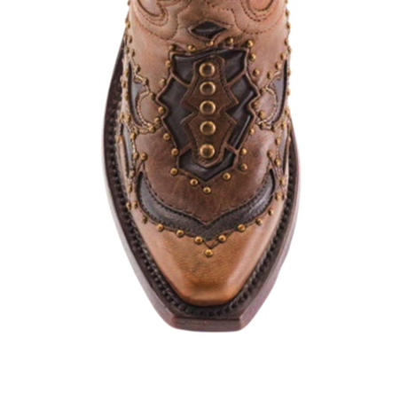 A close-up of an Arass Studs Orix - Snip Toe boot reveals intricate embroidery with a pointed toe, adorned with decorative stitching in a rich blend of dark and light brown cowhide leather.