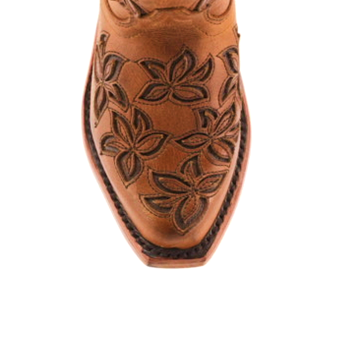 Top view of the Cosala Honey - Snip Toe cowboy boot, made from genuine brown leather with intricate floral stitching on the toe cap. This design perfectly embodies a traditional western look with detailed craftsmanship throughout.