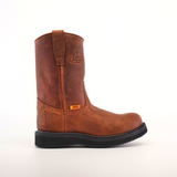 The Brandy Roper - Laredo Sole - Soft Toe Western boot features premium cowhide leather, a slip-on design with side pull tab, and the iconic Brandy Roper Laredo Sole. Its rugged texture and embossed logo near the top showcase classic bootmaking heritage.