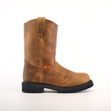 The Tan Roper - Tractor Sole - Soft Toe is a durable work boot made from premium cowhide leather. It includes a pull tab, visible stitching, and a small orange tag with text on the upper side, all set against a plain white background.