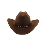 The 6X Sinaloa Brown is a classic brown felt cowboy hat with a wide brim and beaded hatband featuring metallic accents. This timeless piece embraces western heritage and is set against a plain white background, echoing cowboy tradition.