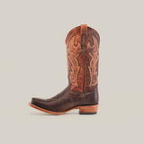 The Fresno Chocolate boot showcases a Wide Cutter Toe, crafted from premium brown cowhide with decorative shaft stitching and a slightly raised heel, set on a plain white background.