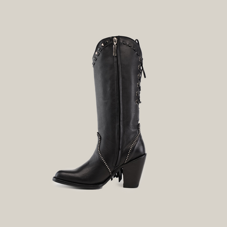 Introducing the Praga Fringe Tall Shaft Black - J Toe from the Platinum Collection: a single black leather cowboy boot with a high heel, side zipper, and studded accents, elegantly showcased against a plain white background.