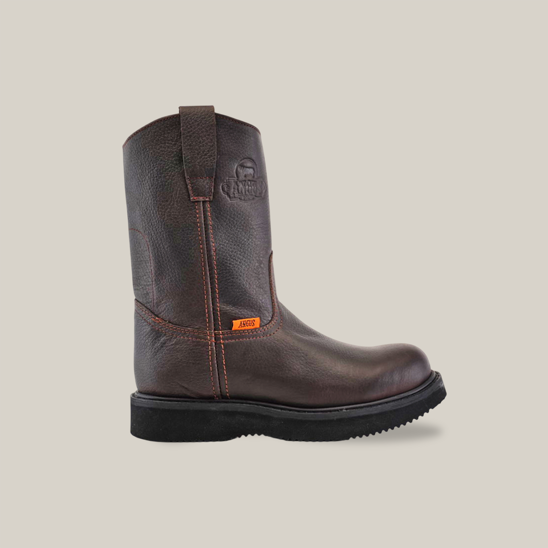 The Brown Roper - Laredo Sole - Composite Toe work boot features premium cowhide, a sturdy black sole, and side orange tag. It includes a pull-on loop, stitched accents, and an embossed brand logo near the top. The plain white background highlights its exceptional craftsmanship.