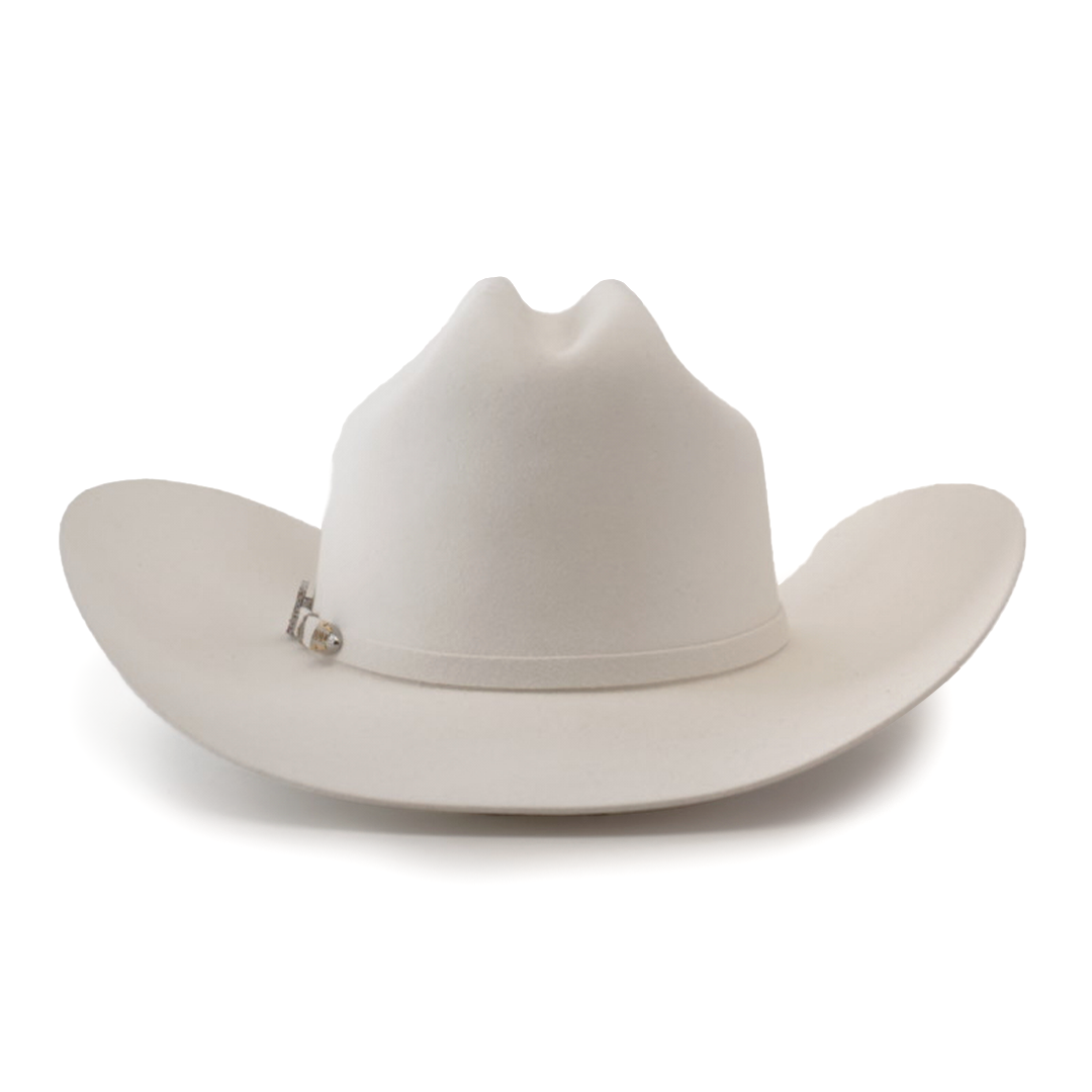 The 10X Jerarca White is a white cowboy hat made from premium fur felt, featuring a wide brim and distinctive crown crease. Adorned with a small decorative band, this classic western headwear embodies timeless style against a minimalist backdrop, highlighting its refined design.