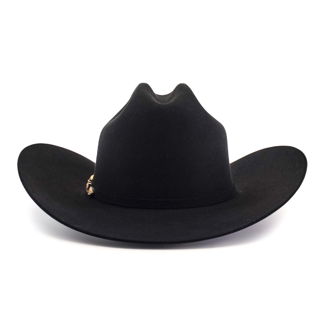 The 500X Superior Black is a luxury cowboy hat with a wide brim and a gold decorative band, embodying the elegance and tradition of premium Western headwear.