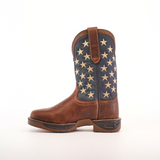 The Navy Brown US Flag cowboy boot features premium cowhide leather with a brown foot and shaft, a blue upper adorned with rows of cream stars, and a durable sole. Highlighted against a plain white background, it offers waterproof protection with a soft toe for comfort.