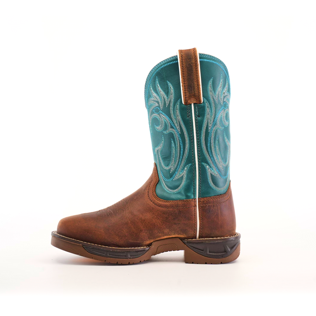 Side view of the Rustic Turquoise Brown cowboy boot, handcrafted with premium cowhide leather in brown and turquoise featuring decorative stitching. It includes a pull strap and block heel, shown on a plain white background.