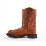 The Brandy Roper - Tractor Sole - Soft Toe boot, crafted from premium cowhide leather in a rugged brown texture, features a black tractor sole and pull tab. It is shown in side profile on a white background with a round toe design.