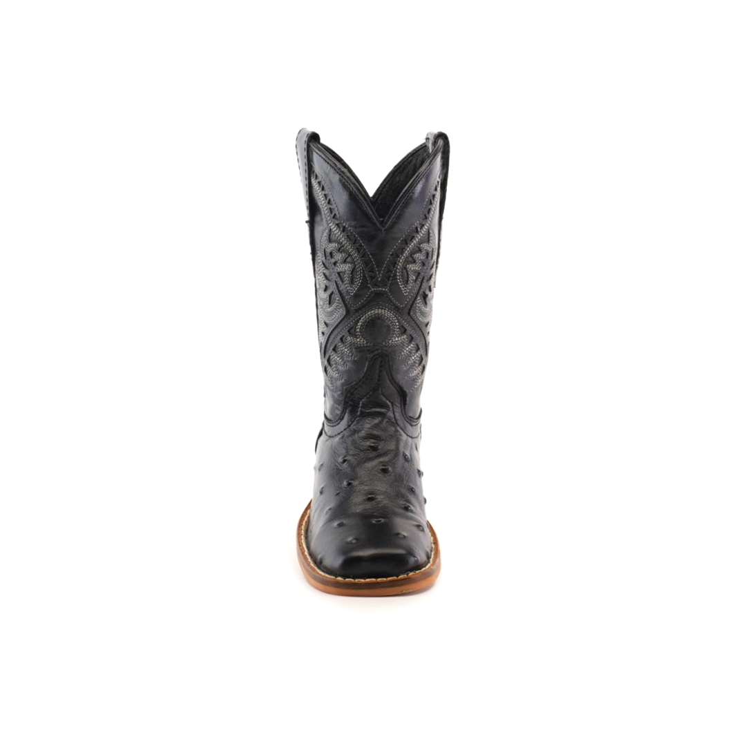 The Karoo Ostrich Print Black Square Toe boot, made from premium cowhide leather, showcases intricate stitched patterns and features a distinct square toe with a brown sole. It stands against a plain white background, reflecting timeless elegance and quality craftsmanship.