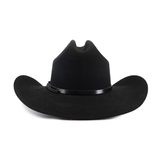 The 6X Dallas Black felt hat, featuring a wide curved brim and sleek leather band, showcases classic Western sophistication as it sits upright against a white background.