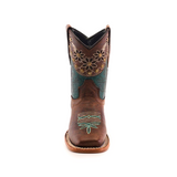 Front view of the Grecas Tabaco - Square Toe boot, handcrafted from premium leather with turquoise and gold embroidery. The floral and geometric design adorns the upper shaft and toe, complemented by a light brown sole, embodying classic western style.